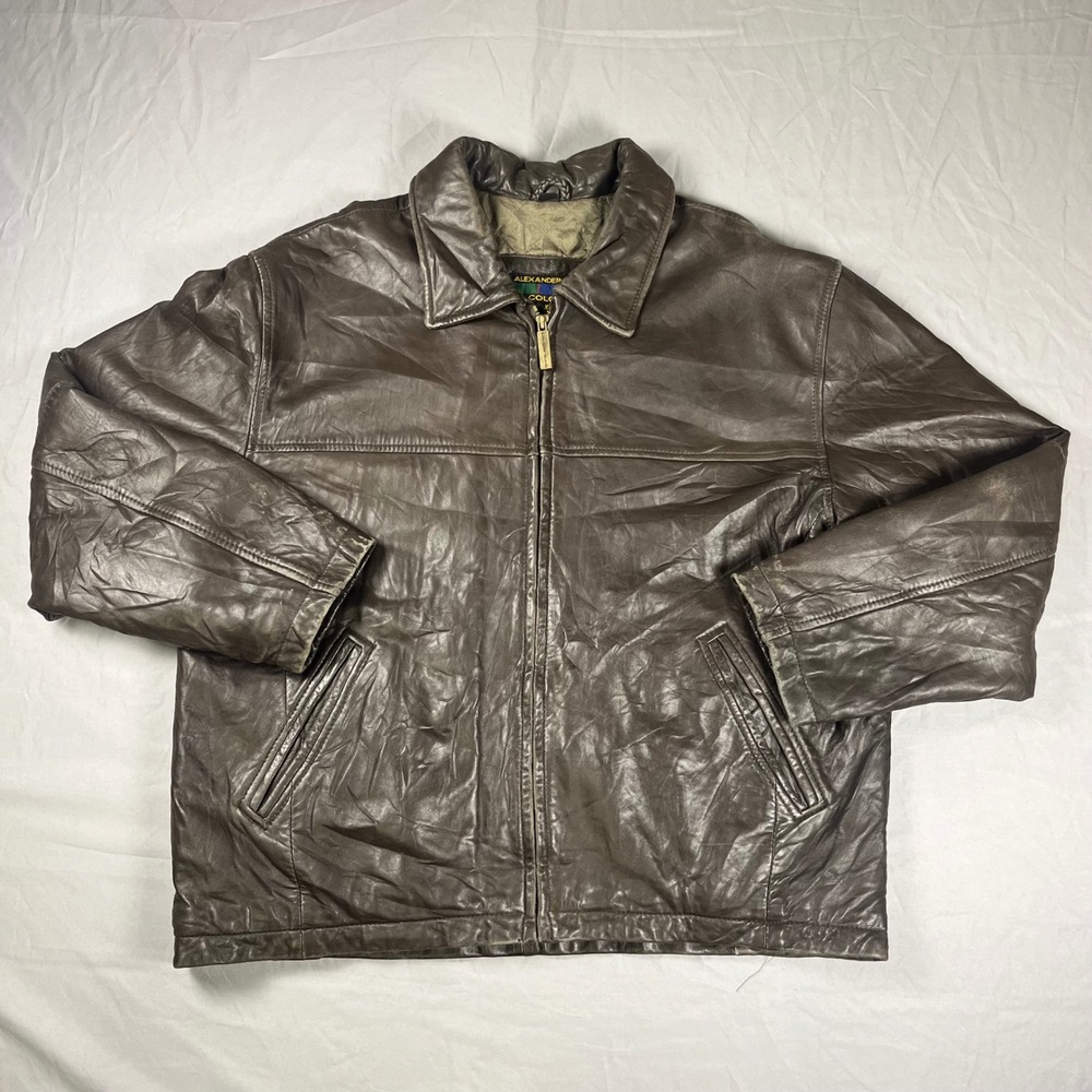 Colours Alexander Julian Brown Leather Bomber Jacket Vintage XL Full Zip Quilted